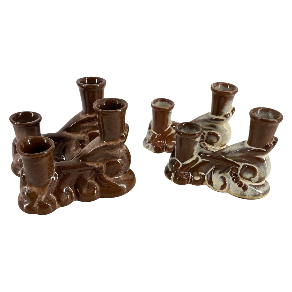 Frankoma Pottery 304 Brown Satin Rutile Double Candle Holder Set of 4 Vintage